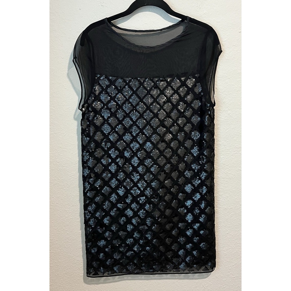 AllSaints Womens Sequin Tunic Top Diamond Mesh Black Cap Sleeve Sheer Disco